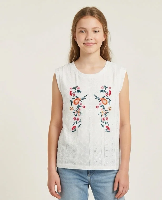 Redtag Senior Girls White Embroidered Top
