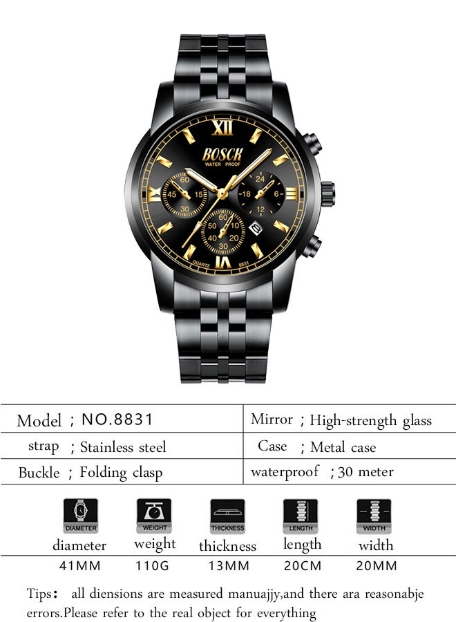 بوسك ساعات رجالية أنالوج ساعة رجالية 41 مم وجه كبير سهل القراءة ساعة عمل من الفولاذ المقاوم للصدأ مضيئة كلاسيكية فاخرة مقاومة للماء حتى 30 مترًا ساعات يد رجالية - Image 5