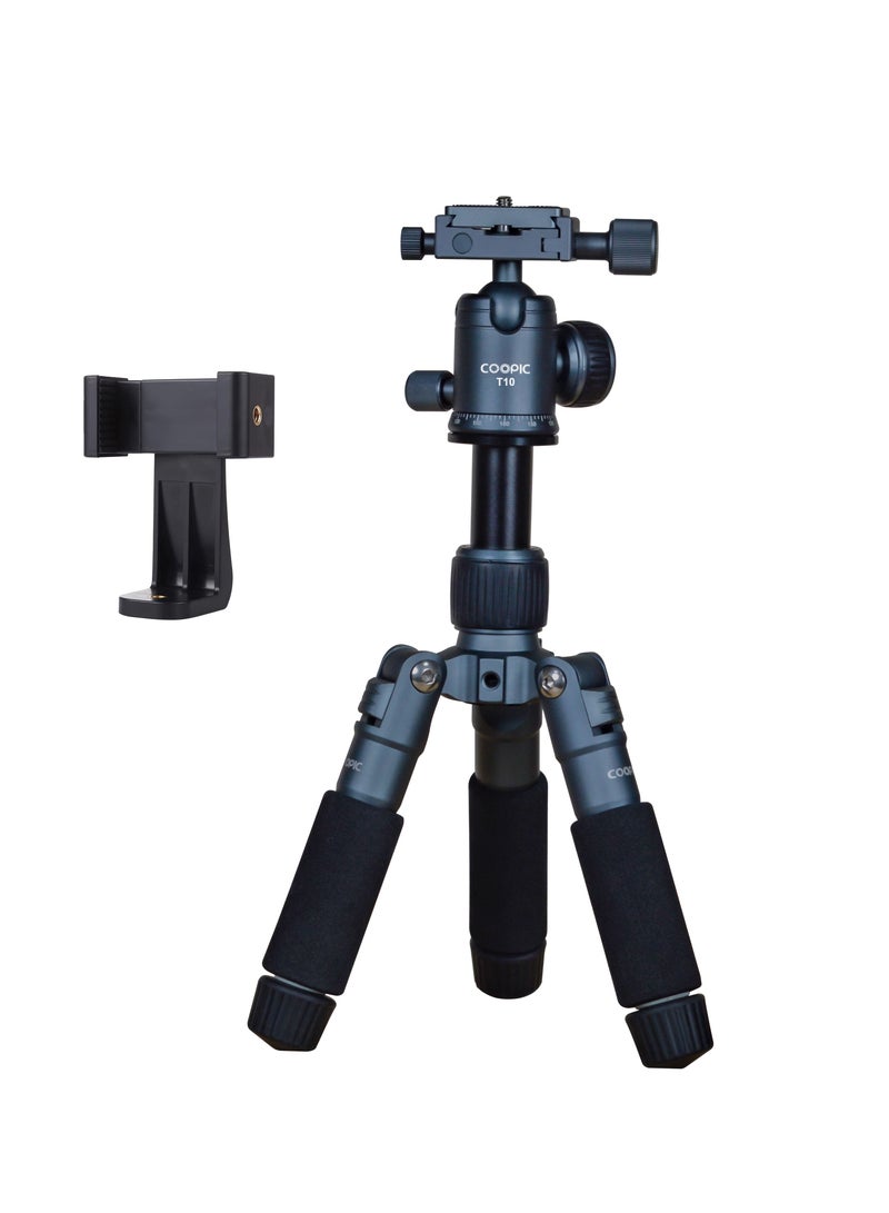Coopic T10 Heavy Duty Aluminum Camera Mount Portable Tripod Stand with Mobile Holder Non Skid Feet and Pan Bar Included Compatible with iPhone, Android Phone, DSLR for YouTube Video  - Image 1