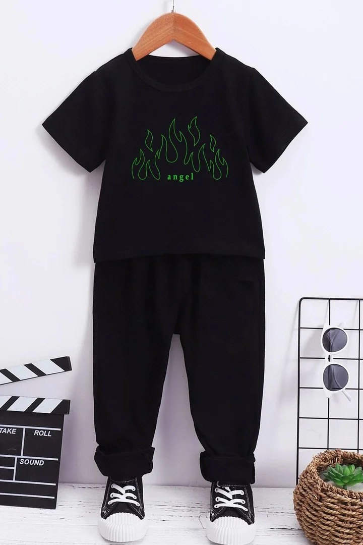 ONLYTRENDWEAR Childrens Green Angel Bottom - Top Tracksuit Set 3-4 Years Old Black