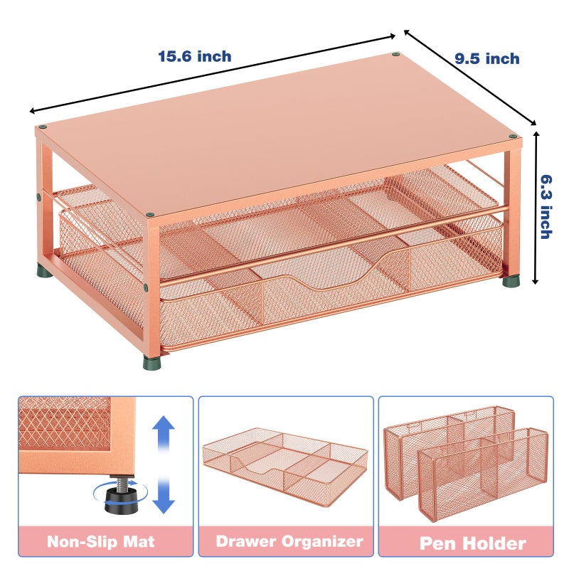 OPNICE Desk Organizers and Accessories, 2-Tier Computer Monitor Stand with Drawer and 2 Pen Holders, Laptop Stand, Office Desk Accessories for Office Supplies, Rose Gold - Image 3