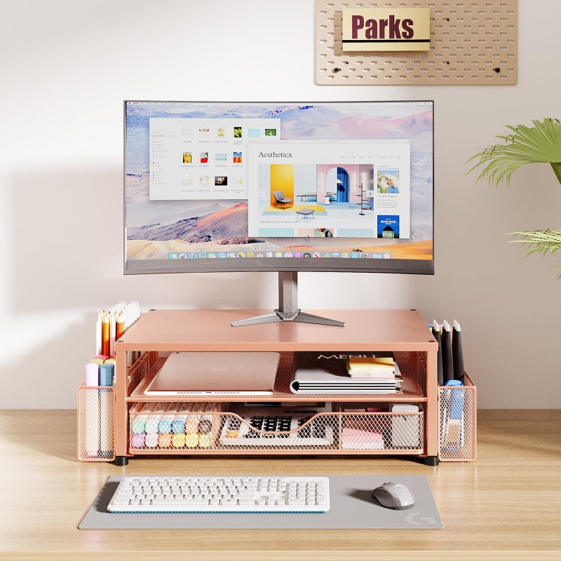 OPNICE Desk Organizers and Accessories, 2-Tier Computer Monitor Stand with Drawer and 2 Pen Holders, Laptop Stand, Office Desk Accessories for Office Supplies, Rose Gold - Image 2