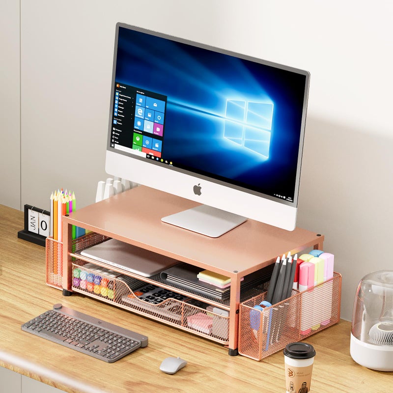 OPNICE Desk Organizers and Accessories, 2-Tier Computer Monitor Stand with Drawer and 2 Pen Holders, Laptop Stand, Office Desk Accessories for Office Supplies, Rose Gold - Image 5