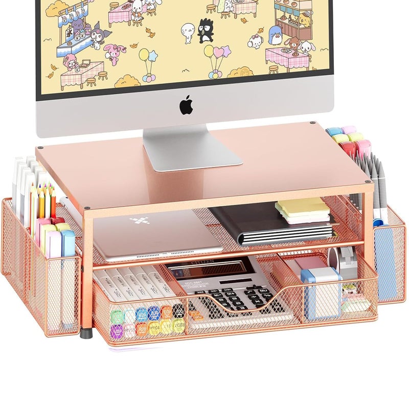 OPNICE Desk Organizers and Accessories, 2-Tier Computer Monitor Stand with Drawer and 2 Pen Holders, Laptop Stand, Office Desk Accessories for Office Supplies, Rose Gold - Image 1
