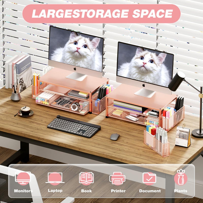 OPNICE Desk Organizers and Accessories, 2-Tier Computer Monitor Stand with Drawer and 2 Pen Holders, Laptop Stand, Office Desk Accessories for Office Supplies, Rose Gold - Image 4