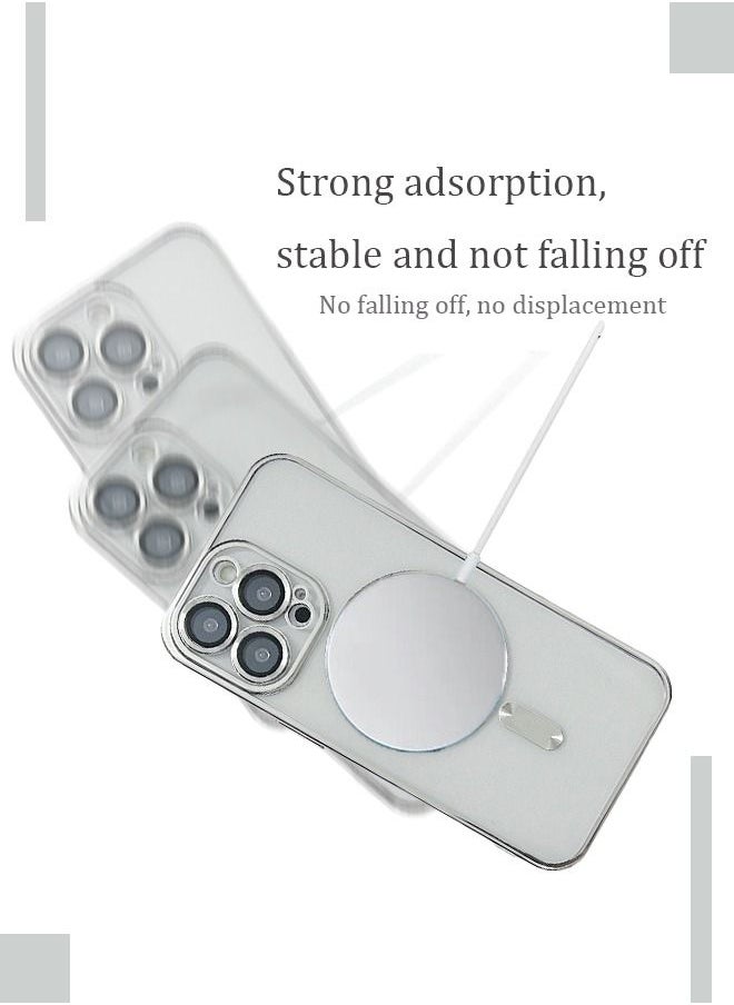 TEAM LUXURY - iPhone 14 Pro Max Magnetic Case Support MagSafe Charger Wireless Anti-Scratch Shockproof Clear Four Corner Cushion Screen Protector Anti-Dropping Full Body Protection Cover Silver - Image 1