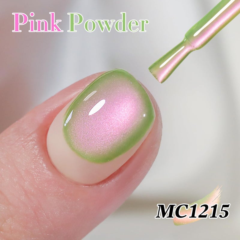 Double Rhythm 0.5 OZ Cat Eye Gel Polish with Magnet 15ML Holographic Glitter Shimmer Translucent Jelly Color Magnetic Nail Polish Salon DIY at Home (Pink Green-MC1215) - Image 4