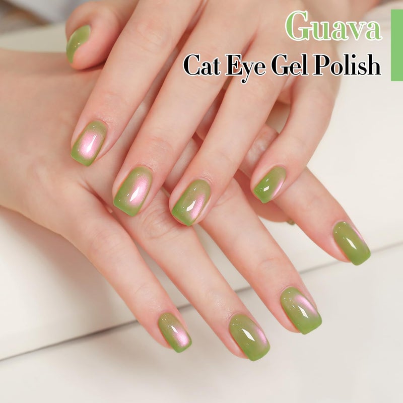 Double Rhythm 0.5 OZ Cat Eye Gel Polish with Magnet 15ML Holographic Glitter Shimmer Translucent Jelly Color Magnetic Nail Polish Salon DIY at Home (Pink Green-MC1215) - Image 2