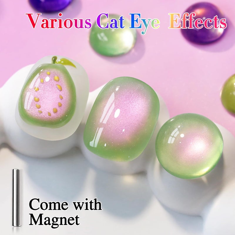 Double Rhythm 0.5 OZ Cat Eye Gel Polish with Magnet 15ML Holographic Glitter Shimmer Translucent Jelly Color Magnetic Nail Polish Salon DIY at Home (Pink Green-MC1215) - Image 3