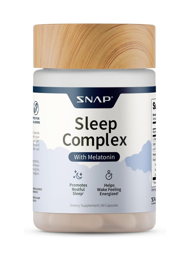 SNAP SUPPLEMENTS - Sleep Complex with Melatonin, Promotes Restful Sleep , Helps Wake Feeling Energized, Support Improved Sleep, Dietary Supplement - 60 Capsules - Image 1