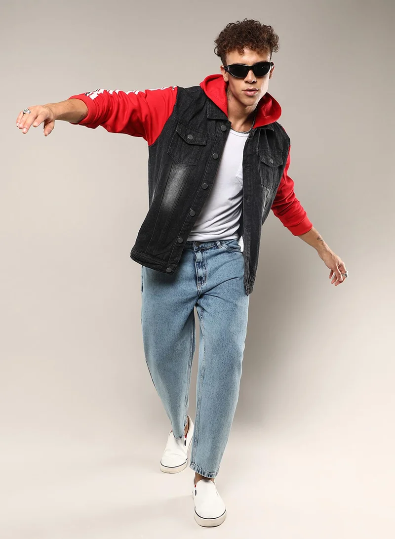 Campus Sutra Men's Black & Red Dark-Wash Denim Jacket With Sweatshirt Sleeve