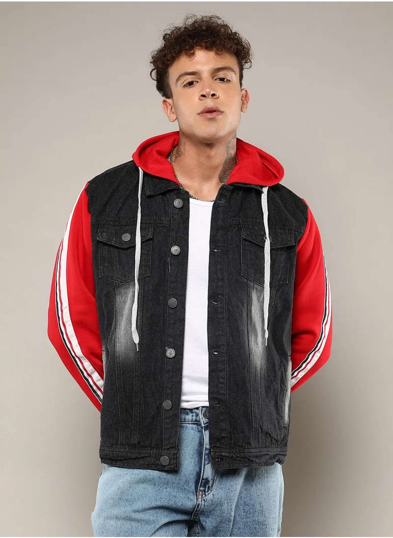 كامبوس سوترا Men's Black & Red Dark-Wash Denim Jacket With Sweatshirt Sleeve