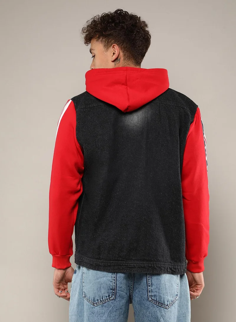 Campus Sutra Men's Black & Red Dark-Wash Denim Jacket With Sweatshirt Sleeve