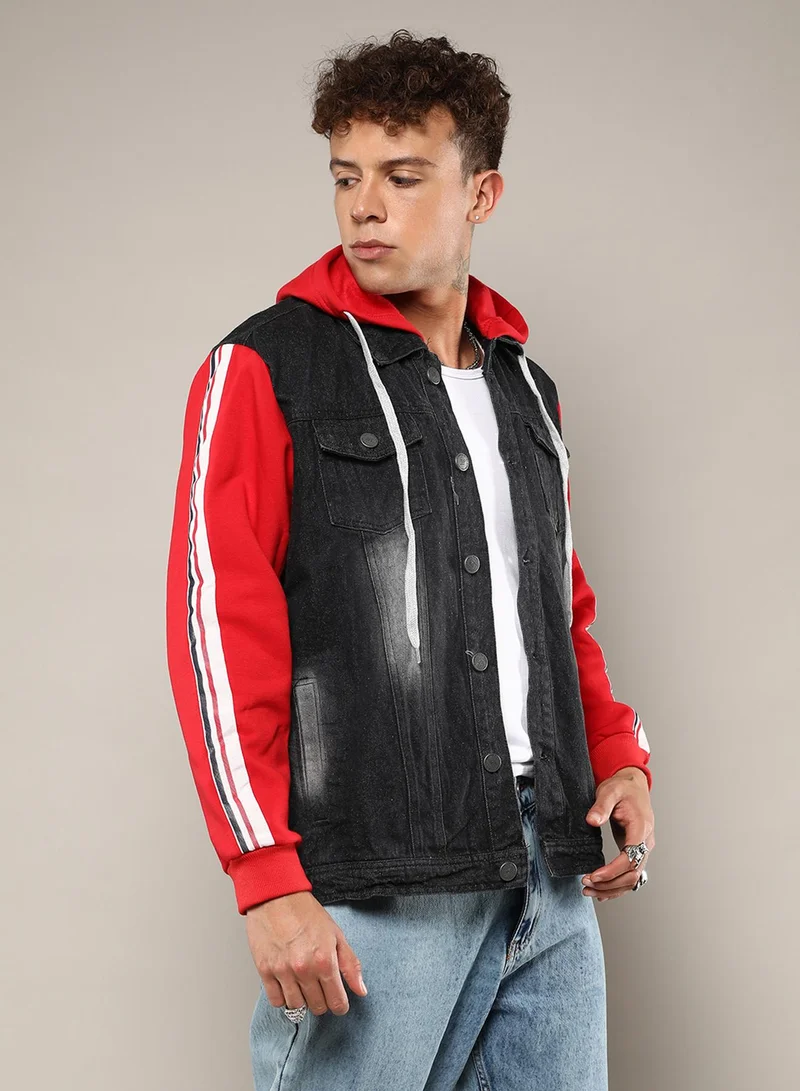 Campus Sutra Men's Black & Red Dark-Wash Denim Jacket With Sweatshirt Sleeve