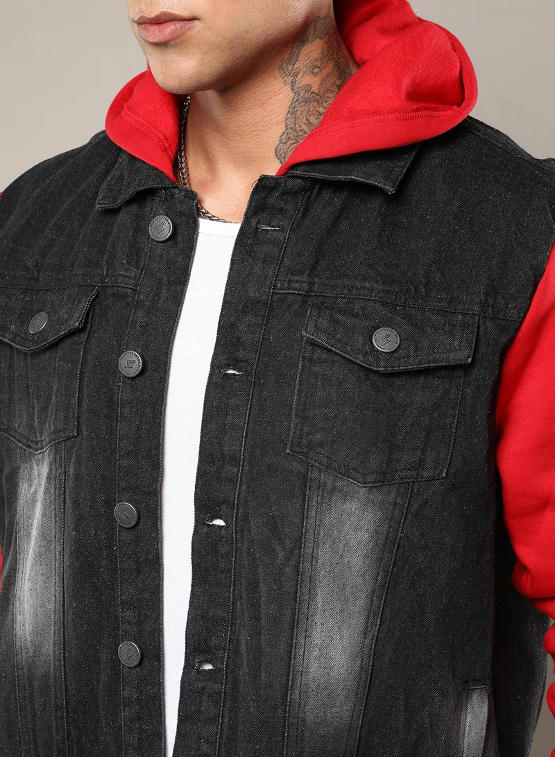 Campus Sutra Men's Black & Red Dark-Wash Denim Jacket With Sweatshirt Sleeve