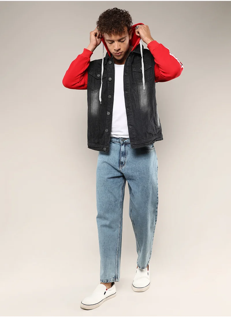 Campus Sutra Men's Black & Red Dark-Wash Denim Jacket With Sweatshirt Sleeve