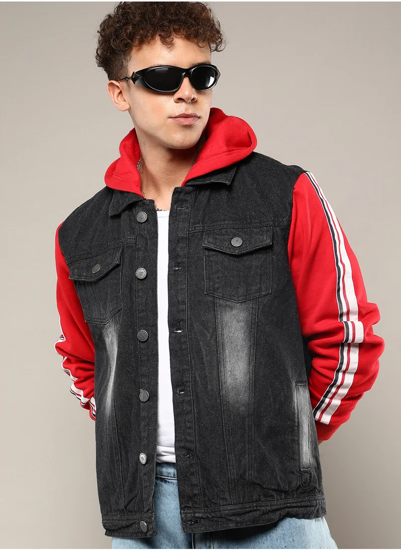 Campus Sutra Men's Black & Red Dark-Wash Denim Jacket With Sweatshirt Sleeve