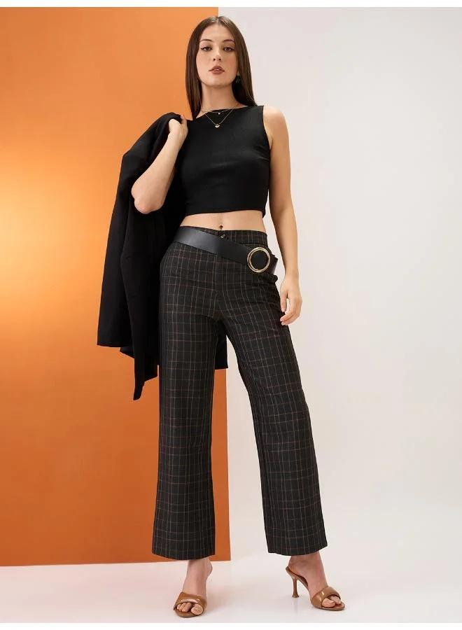 جلو باص بنطلون نسائي رسمي مستقيم بخصر متوسط وظهر مطاطي بنقشة مربعات