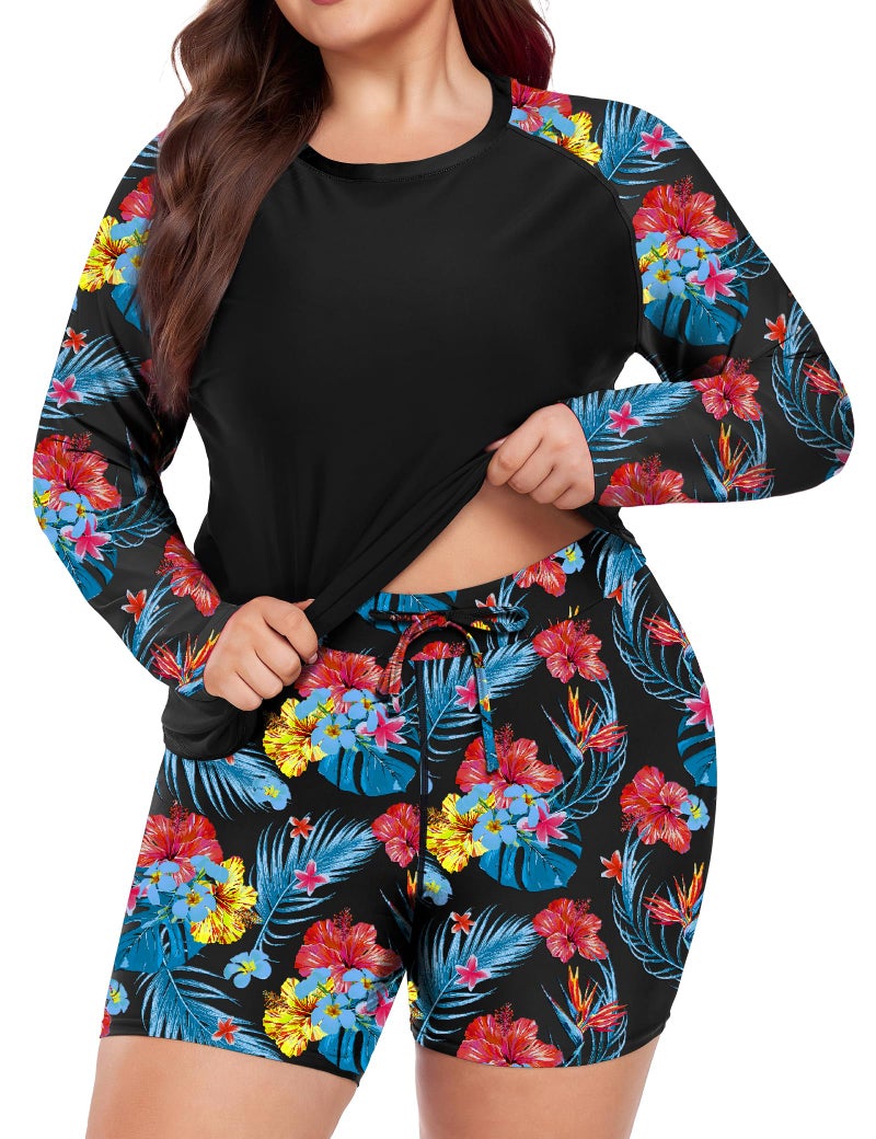 FOREYOND Womens 2 Piece Plus Size Rash Guard Long Sleeve Bathing Suit Sun Protection Swimsuits Swim Shirt with Boyshorts Bottom UPF 50 Pink Floral Leaves 4X