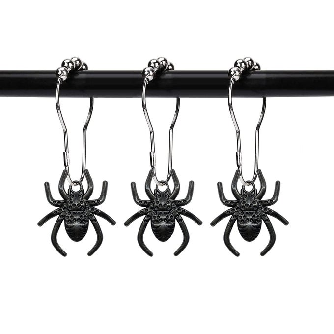 SET OF 12 SPIDER SHOWER CURTAIN HOOKS RINGS HALLOWEEN BATH DECOR PARTY DECORATION STAINLESS STEEL RUSTPROOF BLACK