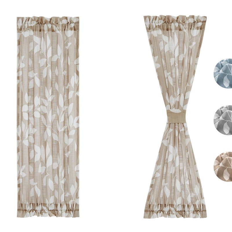 Treatmentex SideLight French Door Curtains 40 inch Leaf Print Half Door Window Curtains Linen Textured Small Semi Sheer Glass Door Panels Taupe 26 w x 2 pcs