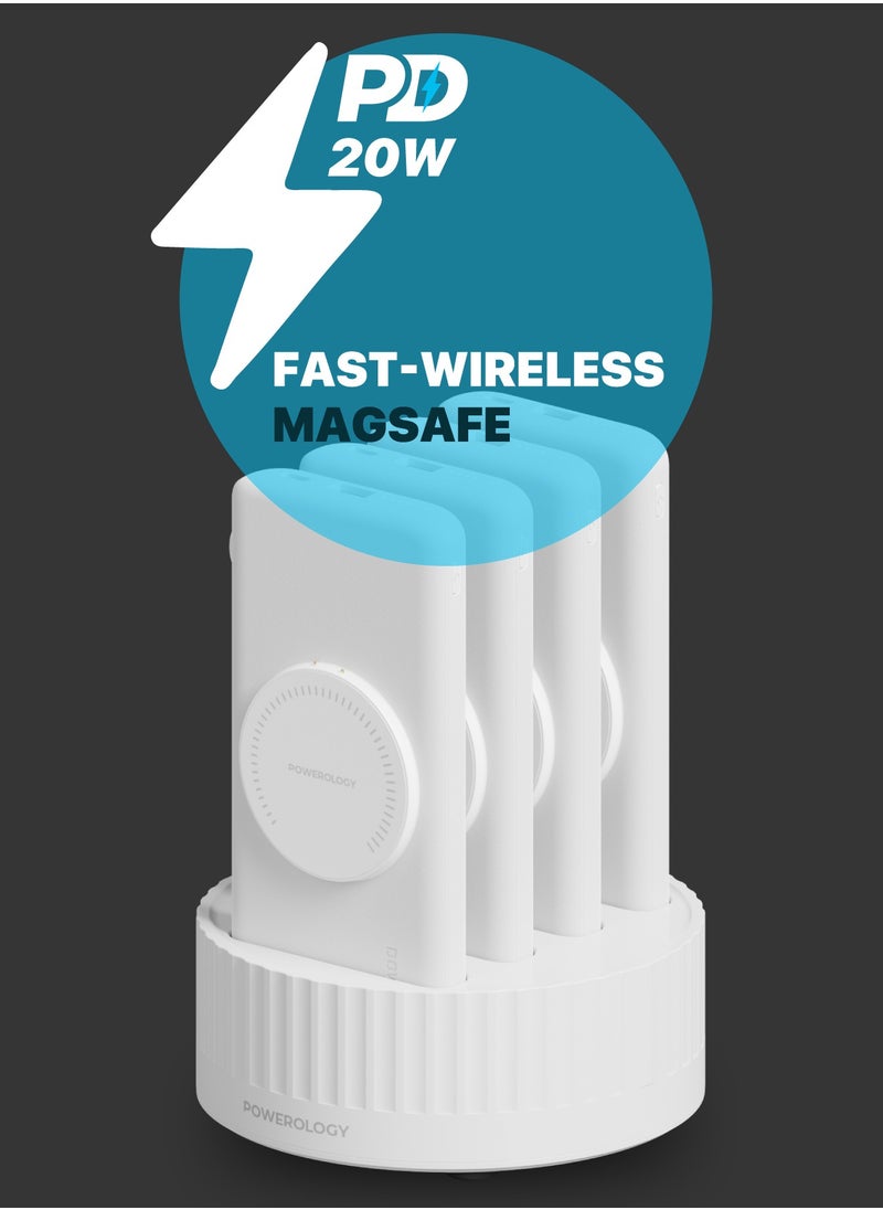 باورولوجي - محطة بنك الطاقة 4 في 1 بسعة بطارية 10000 مللي أمبير و100 وات PD / بنك الطاقة MagSafe اللاسلكي السريع / كابل مدمج (Type-C & Lightning) / حماية مدمجة - أبيض - Image 1