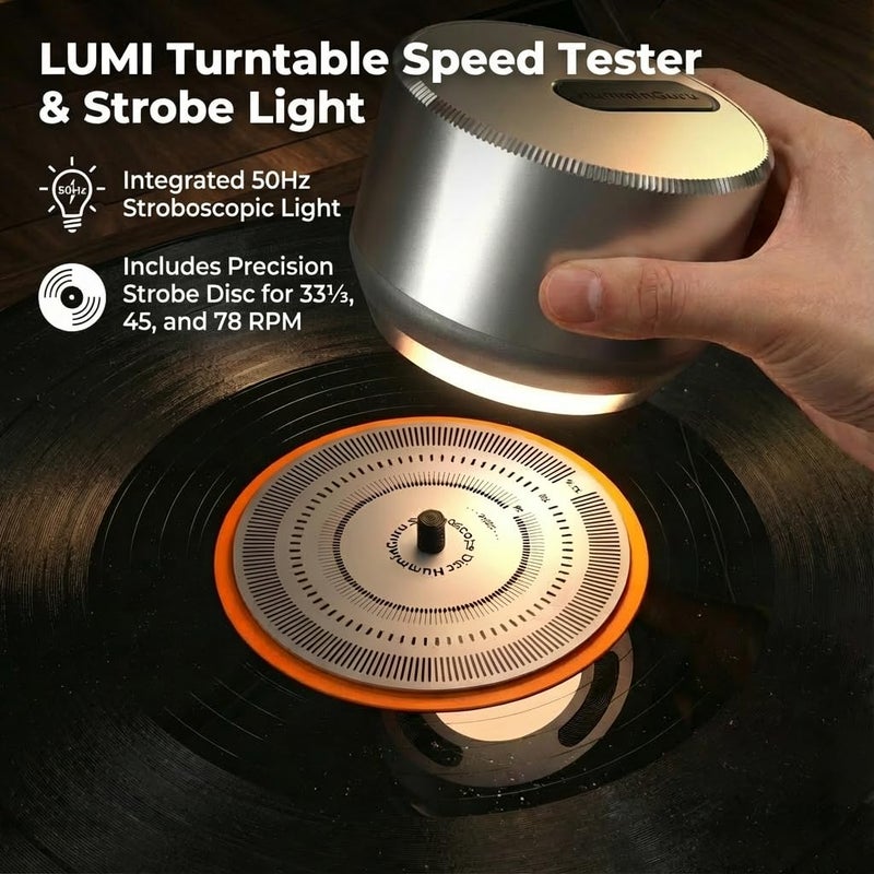 HumminGuru LUMI Record Weight Stabilizer & Turntable Speed Tester | 33/45/78RPM Stroboscopic Disc & Light | 300g LP Aluminum Weight Clamp | 9 LED Color Ambient Light Lamp | Auto Off & Anti-fingerprint - Image 3