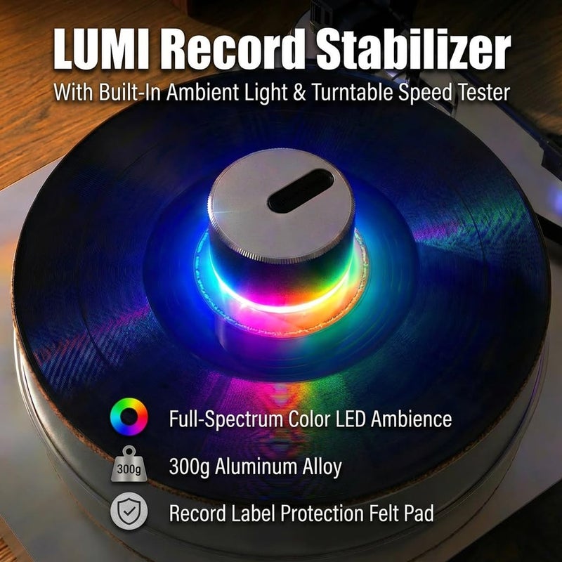 HumminGuru LUMI Record Weight Stabilizer & Turntable Speed Tester | 33/45/78RPM Stroboscopic Disc & Light | 300g LP Aluminum Weight Clamp | 9 LED Color Ambient Light Lamp | Auto Off & Anti-fingerprint - Image 2