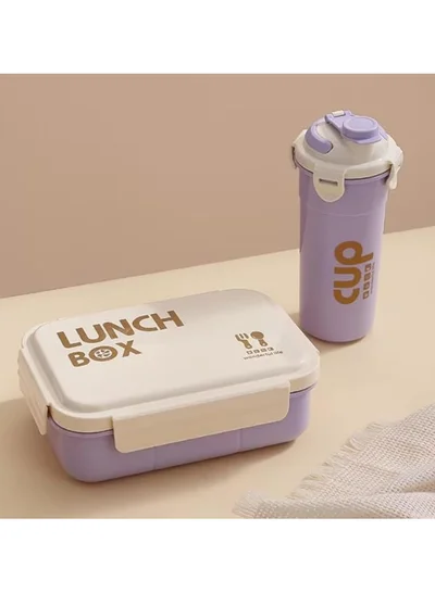 Mobcos Big Capacity 4 Compartment Leakproof Tiffin Food Container Microwave Safe Bpa Free Kids And Adults Water Bottle and Lunch Box Set (Purple)