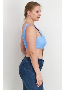 Asos Design Women V-Neck Sleeveless Shrunken Crop Top, Blue  - Image 2