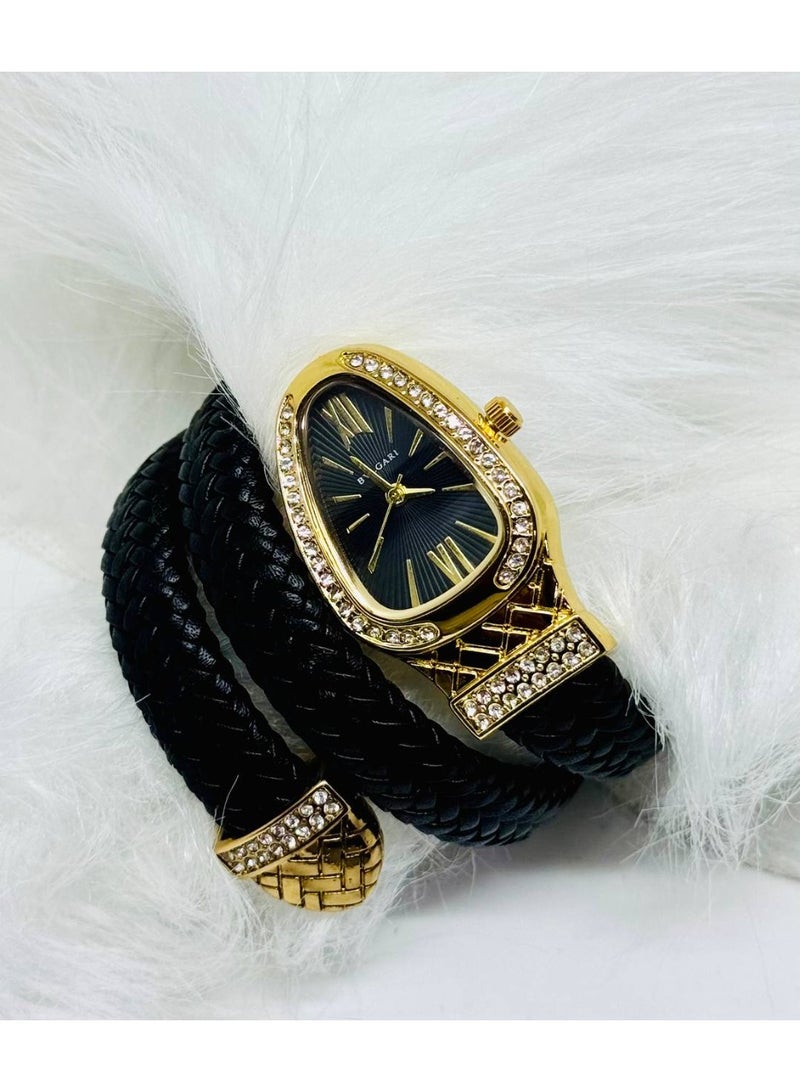 بولغاري ساعة نسائية جلدية بولغاري سوداء وذهبية