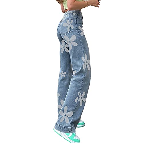 HBER Women's Flower Print Y2K Fashion Wide Leg High Waist Denim Pants Boyfriend Jeans Loose Fit Vintage Jeans for Teen Girls - Image 2