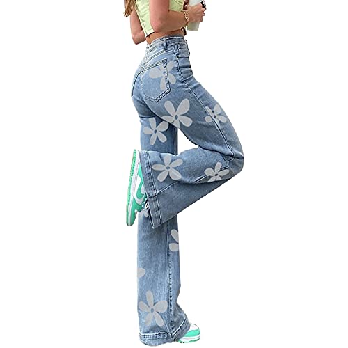 HBER Women's Flower Print Y2K Fashion Wide Leg High Waist Denim Pants Boyfriend Jeans Loose Fit Vintage Jeans for Teen Girls - Image 3