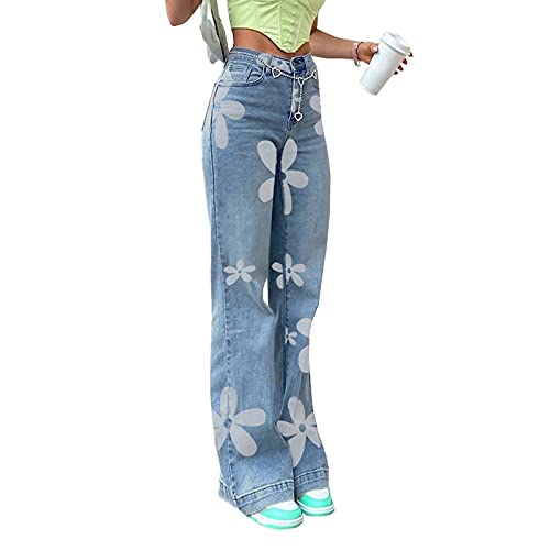 HBER Women's Flower Print Y2K Fashion Wide Leg High Waist Denim Pants Boyfriend Jeans Loose Fit Vintage Jeans for Teen Girls - Image 1