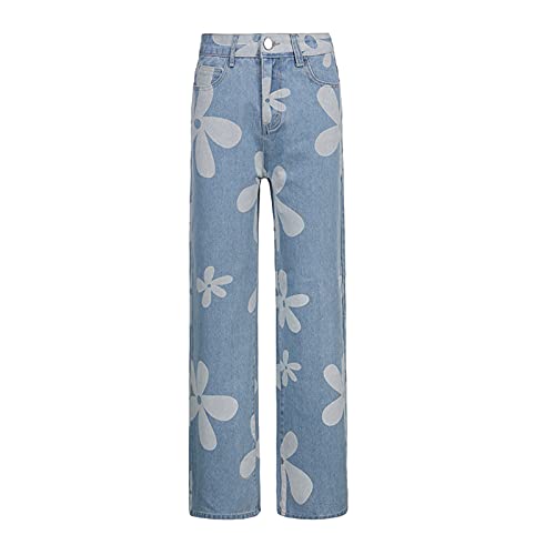 HBER Women's Flower Print Y2K Fashion Wide Leg High Waist Denim Pants Boyfriend Jeans Loose Fit Vintage Jeans for Teen Girls - Image 4