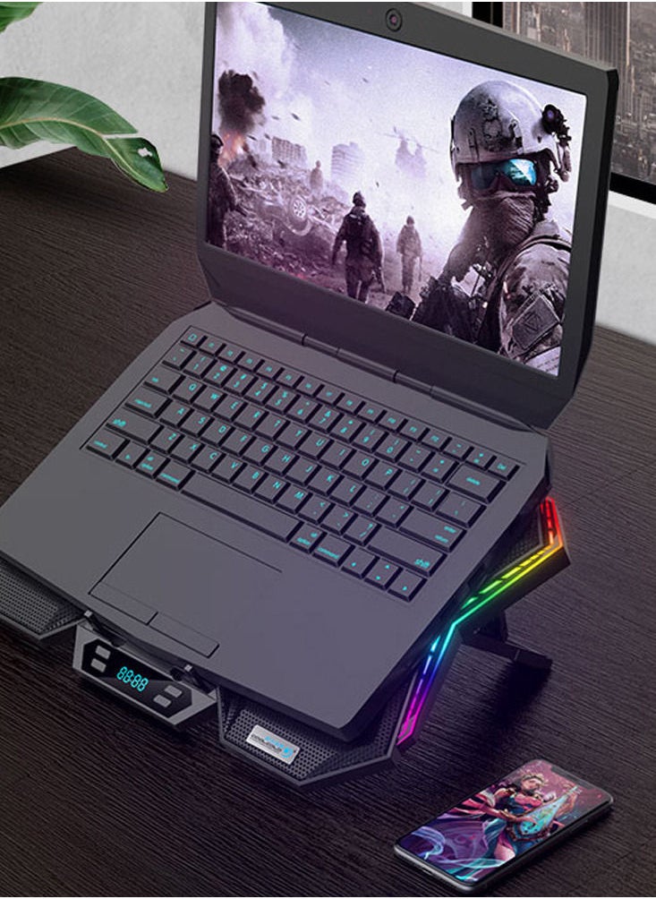 RGB Laptop Cooler 6-fan Cooling Stand Mute Design with Adjustable Wind Speed Stand Height Colorful Light Effect