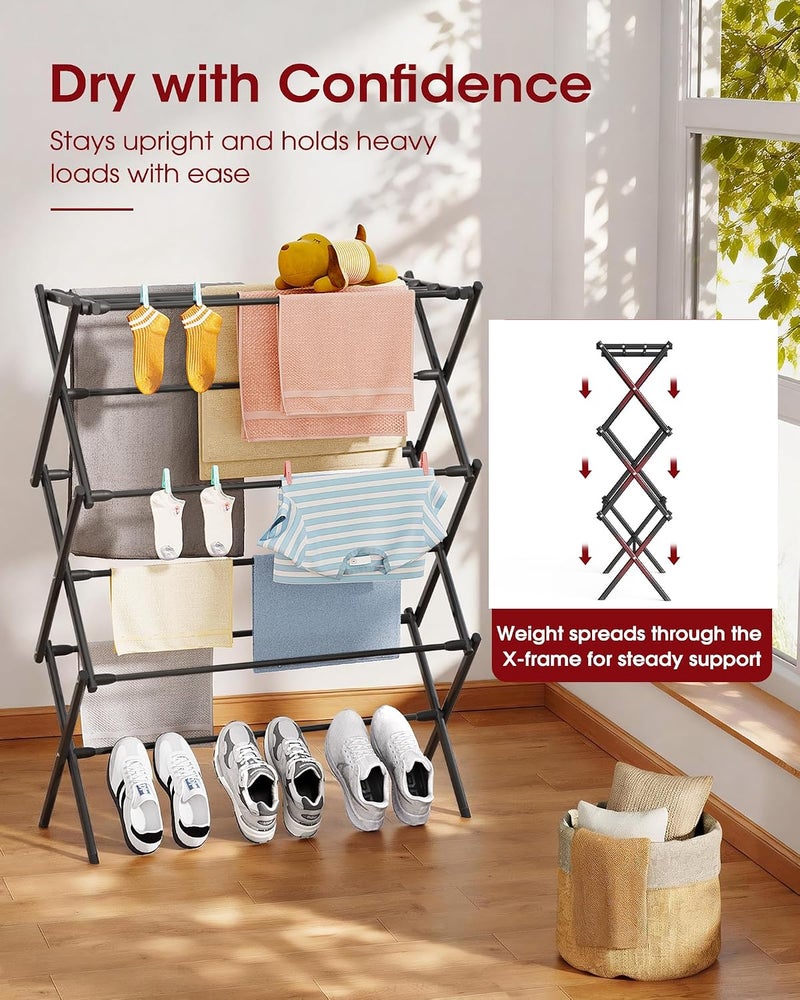 Sakugi Foldable Clothes Drying Rack – Metal Laundry Drying Rack with Non-Slip Feet, 3-Tier Space-Saving Clothing Rack for Organization, Indoor & Outdoor Use, 11.4" D x 29.1" W x 37.4" H, Black - Image 2