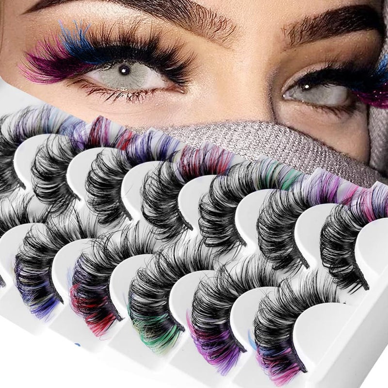 Colored Lashes 5D False Lashes with Color Faux Mink Eyelashes Wispies Fluffy Colored Eyelashes Dramatic Strip Lashes for Christmas Cosplay Costumes Fake Eyelashes 7 Pairs Pack Colormix7