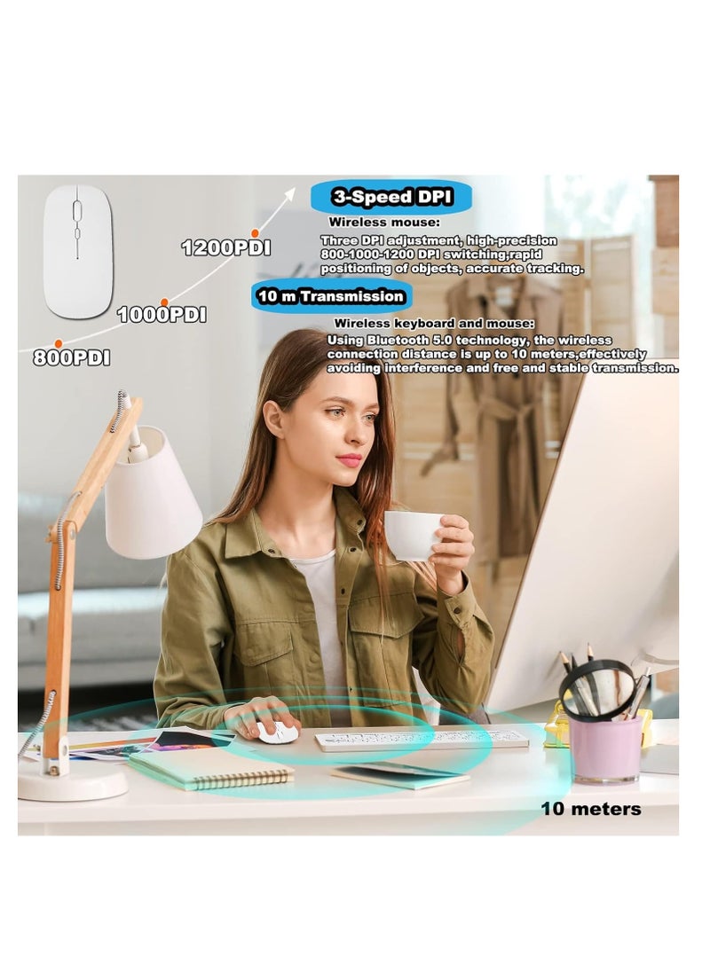 اووكاي - مجموعة لوحة مفاتيح وماوس بلوتوث عربية وإنجليزية، لوحة مفاتيح وماوس لاسلكية محمولة قابلة لإعادة الشحن ونحيفة للغاية وصغيرة الحجم لأجهزة الكمبيوتر اللوحية التي تعمل بنظام Android وWindows وiPad وكمبيوتر سطح المكتب والكمبيوتر المحمول (أبيض) - Image 1