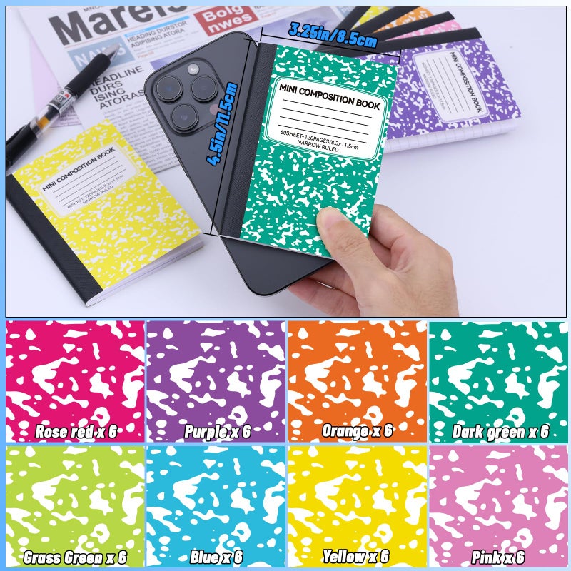 UZLU 48 Pack Mini Composition Notebooks Bulk, Cute Composition Books, Narrow Ruled Small Pocket Notebook for Students College Office, Pocket Sized Marble Journal, 8 Colors 4.5" x 3.25", 60 Sheets - Image 3