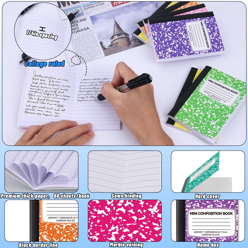 UZLU 48 Pack Mini Composition Notebooks Bulk, Cute Composition Books, Narrow Ruled Small Pocket Notebook for Students College Office, Pocket Sized Marble Journal, 8 Colors 4.5" x 3.25", 60 Sheets - Image 2