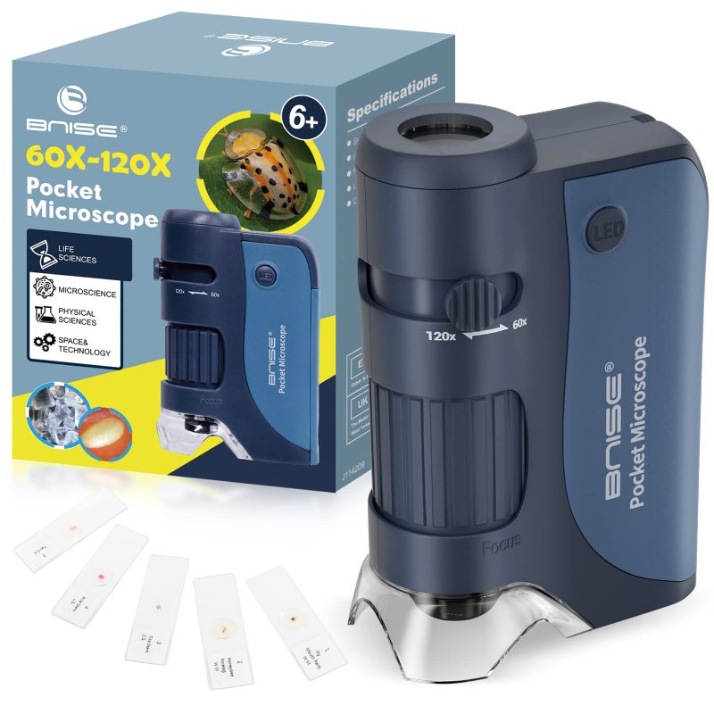 BNISE BNISE Pocket Microscope 60X-120X, Portable Handheld Microscope for Kids, Mini Microscope with 5pcs Microscope Slides for Learning, Education and Exploring  - Image 1