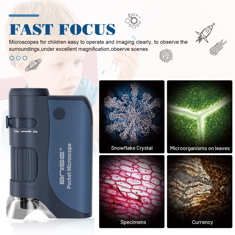 BNISE BNISE Pocket Microscope 60X-120X, Portable Handheld Microscope for Kids, Mini Microscope with 5pcs Microscope Slides for Learning, Education and Exploring  - Image 2