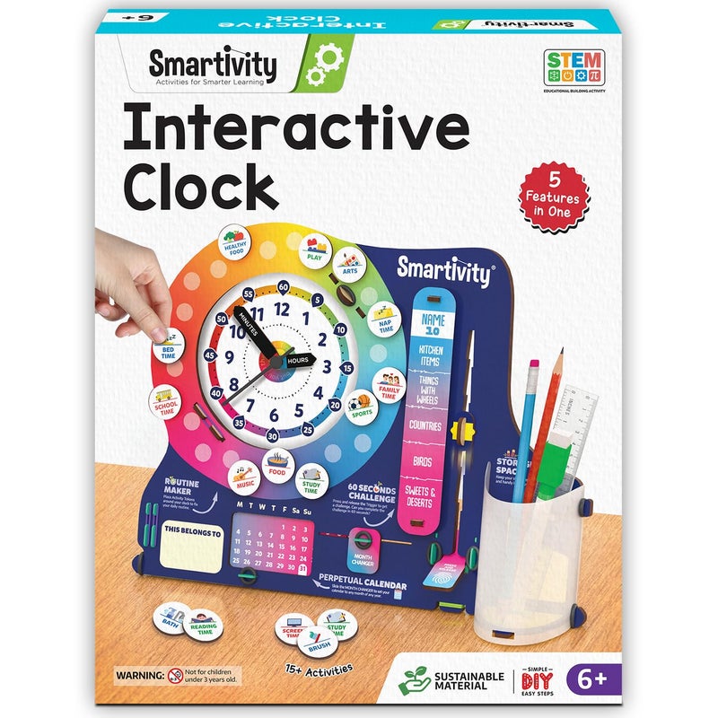 Smartivity ساعة تفاعلية DIY مع منظم مكتبي للأطفال من 6-12 سنة | تحتوي على تقويم لانهائي | هدية عيد ميلاد للأولاد والبنات | لعبة تعليمية STEM للأطفال من 6، 7، 8، 9، 10، 11، 12 سنة، متعددة الألوان - Image 1