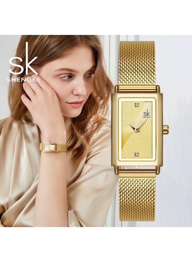 SK Shengke Small Square Stainless Steel Mesh Band Quartz Watch for Women, 30M Water Resistance (Gold) - Image 2