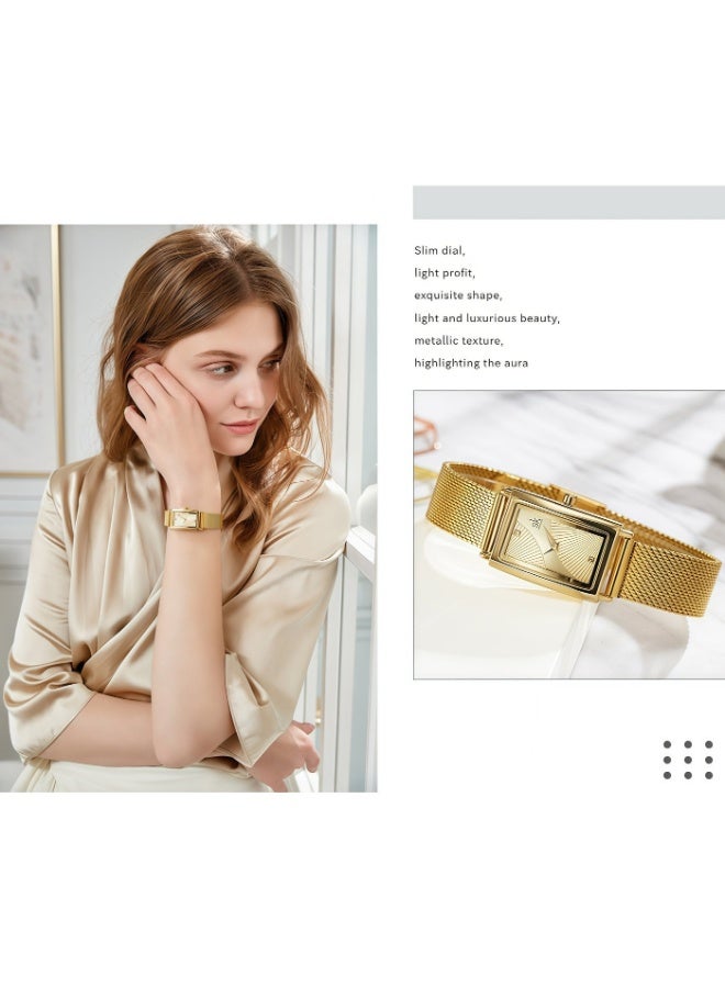 SK Shengke Small Square Stainless Steel Mesh Band Quartz Watch for Women, 30M Water Resistance (Gold) - Image 3