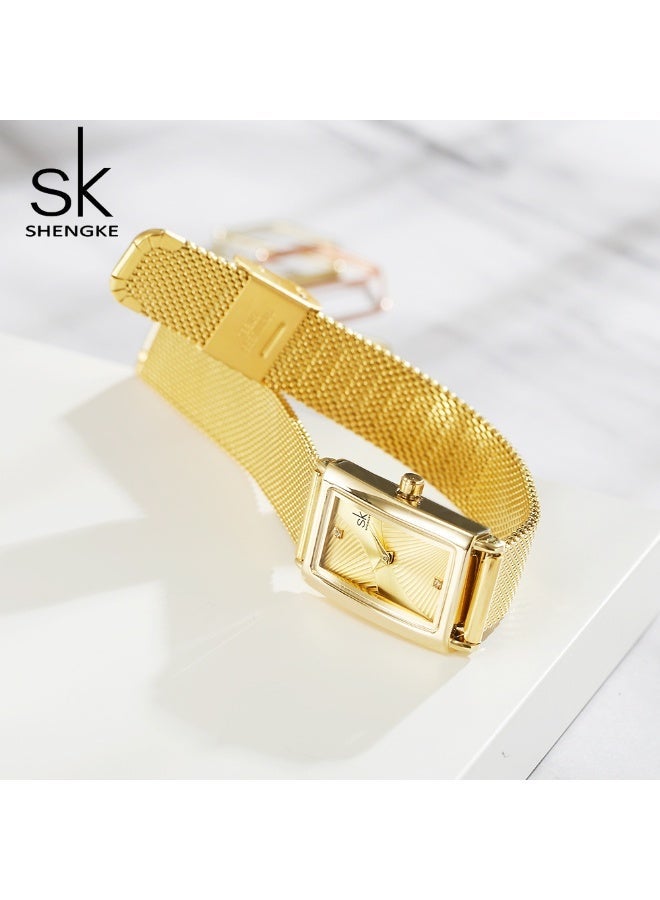 SK Shengke Small Square Stainless Steel Mesh Band Quartz Watch for Women, 30M Water Resistance (Gold) - Image 4