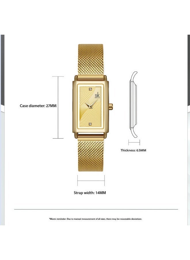 SK Shengke Small Square Stainless Steel Mesh Band Quartz Watch for Women, 30M Water Resistance (Gold) - Image 5