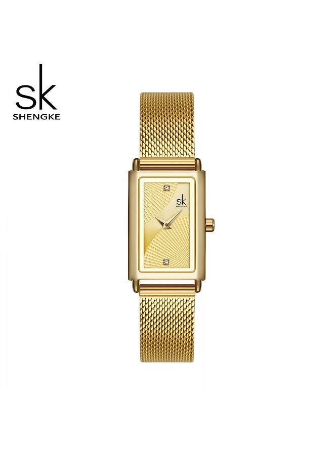 SK Shengke Small Square Stainless Steel Mesh Band Quartz Watch for Women, 30M Water Resistance (Gold) - Image 1