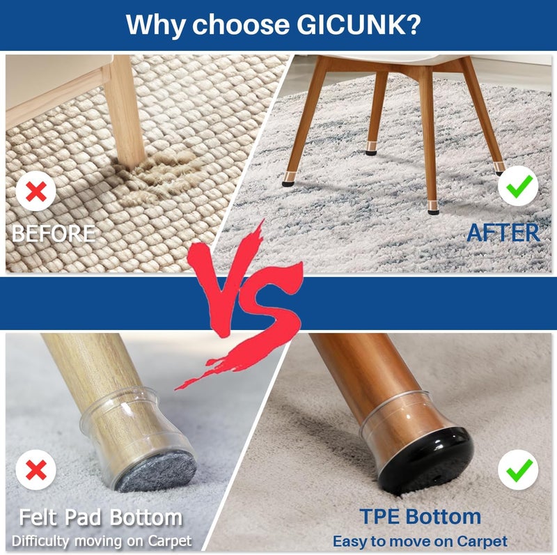 GICUNK 2024 New Chair Leg Floor Protectors Furniture Sliders for Hardwood Floors and Carpet Silicone Non Slip Reduce Noise 28 Pcs Clear Square XL Fit:1-1/2" ~ 1-3/4" - Image 4